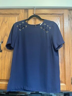 Michael Kors Navy Short-Sleeve Eyelet Lace-Up Shoulder Top